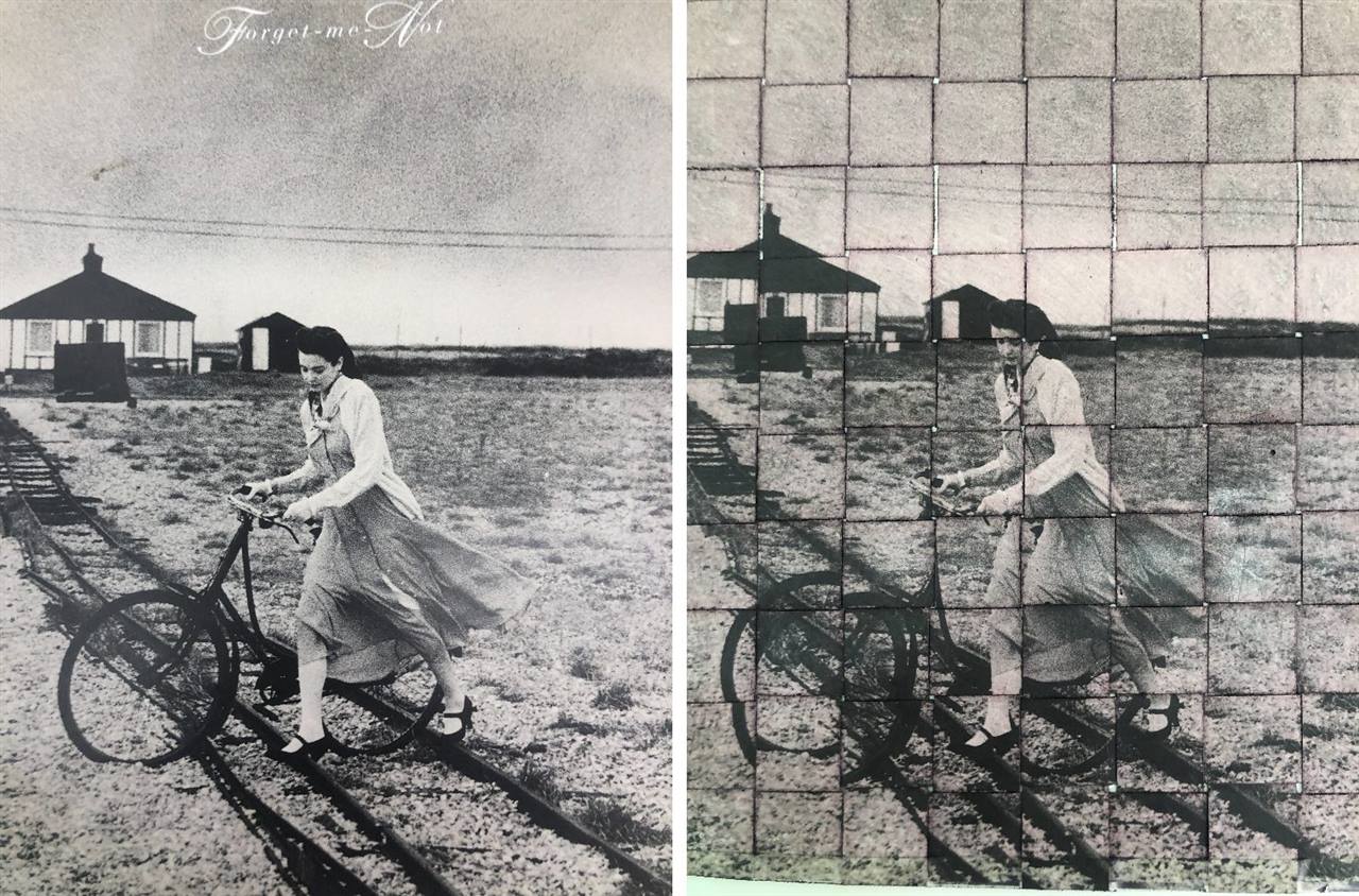A print of a woman on a bicycle, before and after it was turned into a tiled artwork