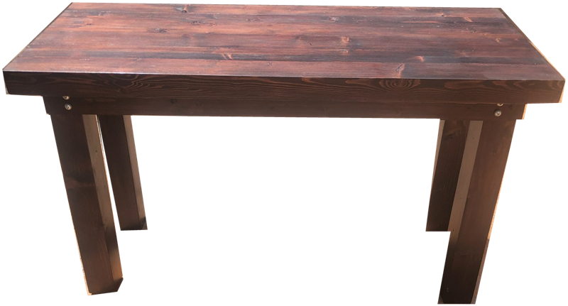 A finished table made from reclaimed timber, stained dark, with thick square legs