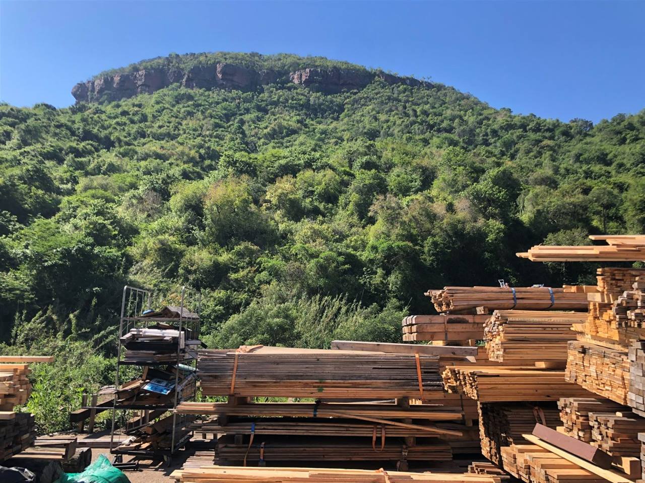Piles of weathered reclaimed timber in the woodyard, the mountain behind